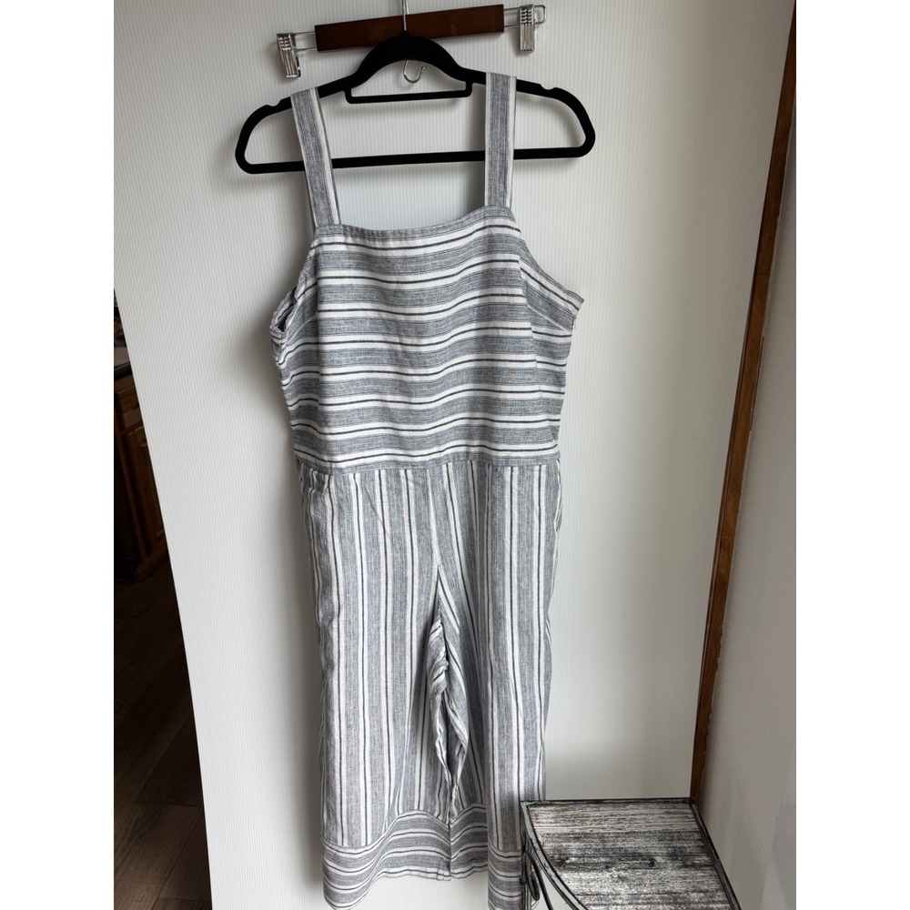 Beach Lunch Lounge Blue stripe Linen Cotton blend Romper Sz XL Coastal Nautical - Picture 2 of 13